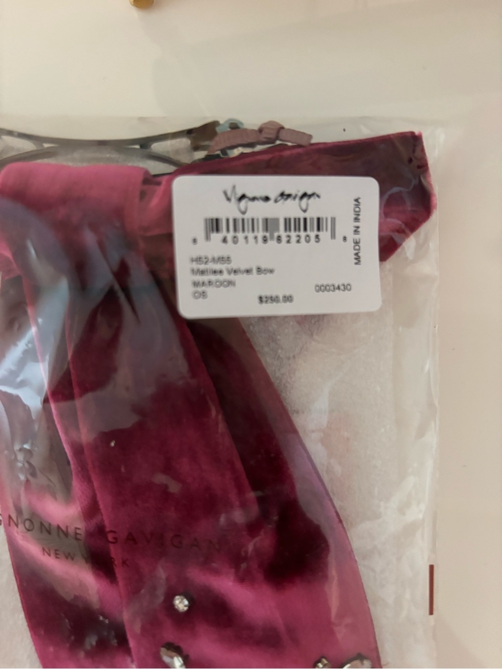Mignonne Gavigan MaroonVelvet Bow Clip with Crystal Embellishments NWT - Picture 2 of 5